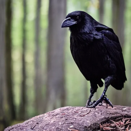 Image similar to crossbreed between a human male and crow, photograph captured in a forest