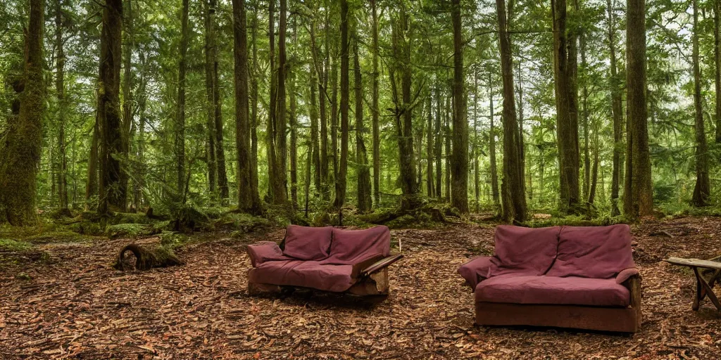 Image similar to a couch in the middle of a forest, beautiful ambient light, 8k photography