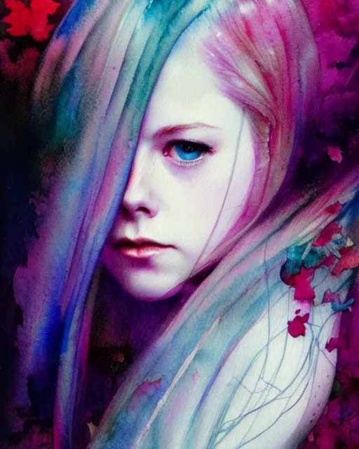 Image similar to avril lavigne portrait. intricate, amazing composition, colorful watercolor, by ruan jia, by maxfield parrish, by marc simonetti, by hikari shimoda, by robert hubert, by zhang kechun, illustration, gloomy, volumetric lighting, fantasy