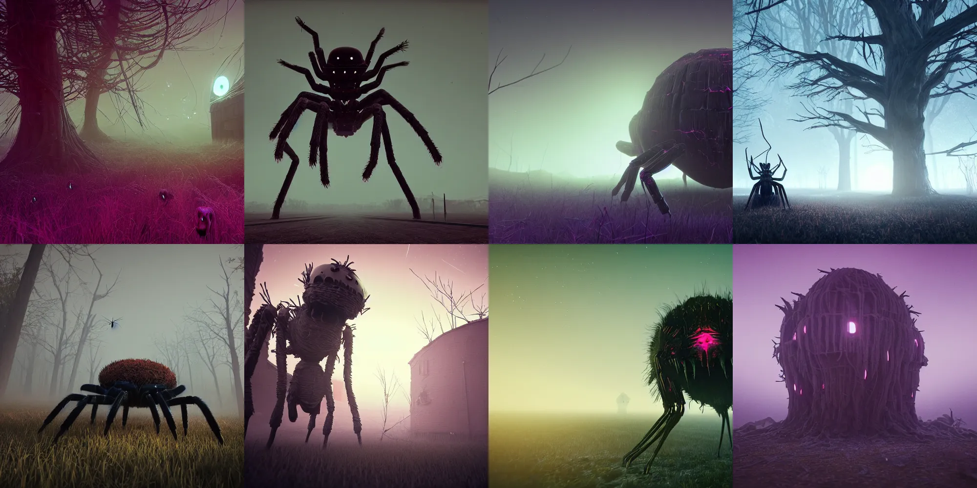 Prompt: beautiful dark creepy landscape, creepy giant spider, in the style of beeple and Mike Winkelmann, photo real, ultra realistic, intricate, epic lighting, 8k resolution, unreal engine 5, ultraviolet colors,