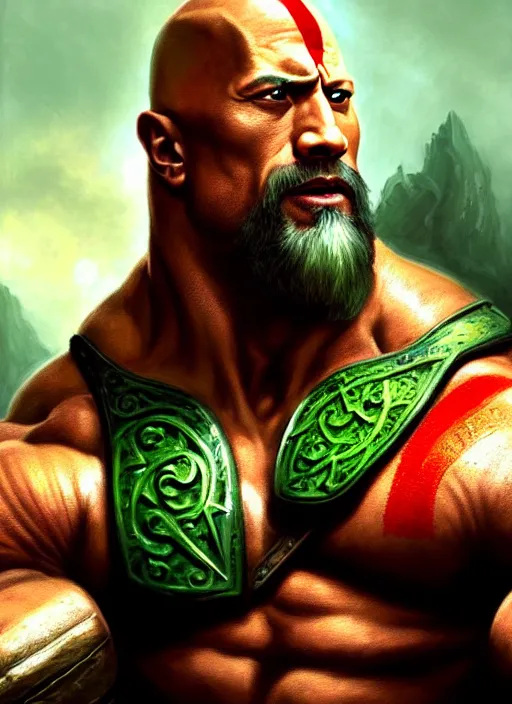 Image similar to ! dream portrait of aggressive dwayne johnson as kratos, d & d, muscular! green, fantasy, intricate, elegant, highly detailed, digital painting, artstation, concept art, smooth, sharp focus, illustration, art by artgerm and greg rutkowski and alphonse mucha