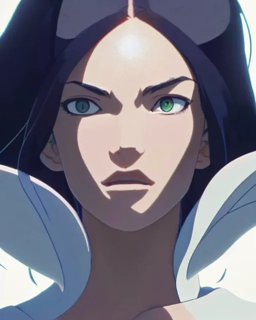 Image similar to azctec, megan fox, gemstone forehead, detailed perfect face, exquisite details, fire magic, mid view, design on a white background, by studio muti, greg rutkowski makoto shinkai takashi takeuchi studio ghibli