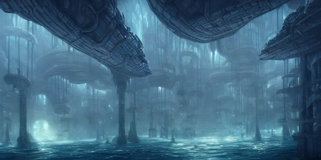 Image similar to underwater city, style epic, symmetrical, insanely detailed, style of charlie bowater, kelly mckernan, unreal engine render, artstation trend, hyper detail, epic art style, cinematic, concept art