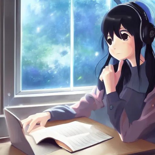 Image similar to Anime painting of a black haired girl wearing headphones while studying in her warm cozy home, by makoto shinkai, relaxed, calm, atmospheric, peacefull, trending on artstation, kimi no na wa