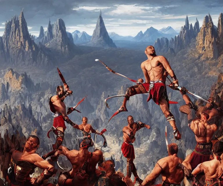 Image similar to wide angle shot from above of silver ornate armor slim muay thai handsome warriors in battle!!! mountains and giant gothic abbeys in the background, fine detail, 8 k, high contrast color scheme, blue at the background red at the foreground!!!, dynamic perspective, oil canvas by greg rutkowski and peter mohrbacher