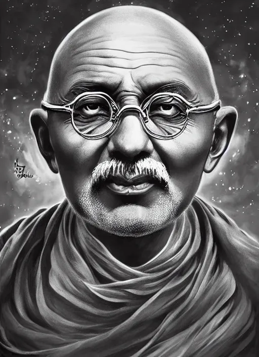 Prompt: Ghandi as a Space Marine, beautiful detailed eyes, cute, fantasy, intricate, elegant, highly detailed, digital painting, 4k, HDR, concept art, detailed jewelry, smooth, sharp focus, illustration, art by Artgerm, H R Giger and Alphonse Mucha