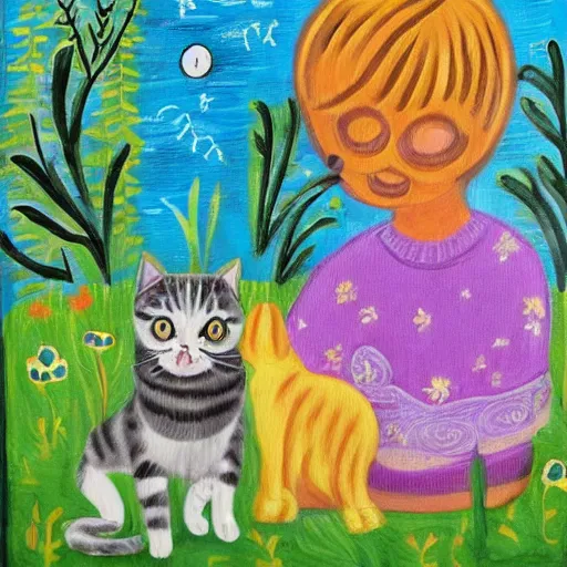 Prompt: a bay play with a cat and a dog in a garden with a mother acrylic paint