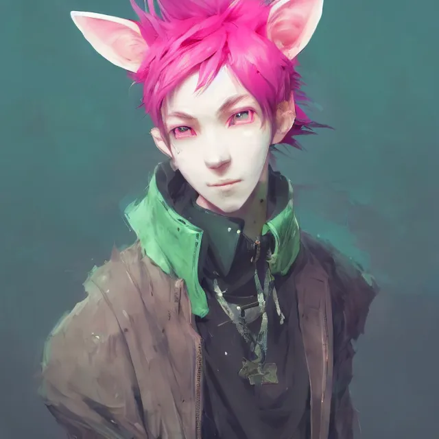 Image similar to a beautiful headshot portrait of a cute anime male boy with pink hair and pink wolf ears and green eyes wearing cyberpunk clothes. character design by cory loftis, fenghua zhong, ryohei hase, ismail inceoglu and ruan jia. artstation, volumetric light, detailed, photorealistic, fantasy, rendered in octane