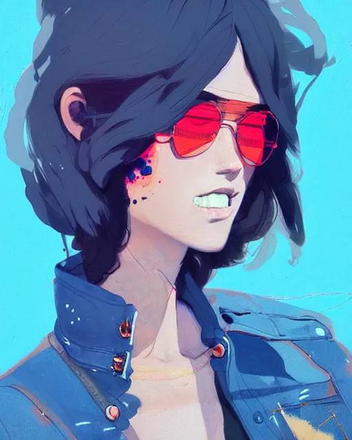 Image similar to a ultradetailed beautiful painting of a stylish woman in a denim jacket and shorts, by conrad roset, greg rutkowski and makoto shinkai trending on artstation