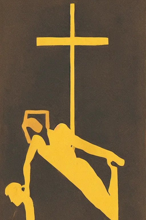 Image similar to man kneeling at the base of a wooden cross, 1960’s minimalist advertising illustration, painterly