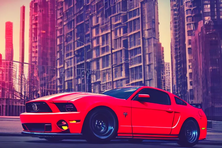 Prompt: red Ford Mustang in the city with blue lighting, synthwave, background lit, high quality