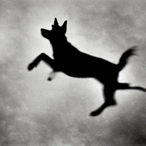 Prompt: a blurry 1 9 0 0 s photograph of a black dog flying in the night sky, moonlight,