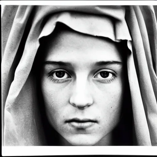 Image similar to The virgin Mary. Close-up studio portrait by Robert Mapplethorpe. Tri-x.