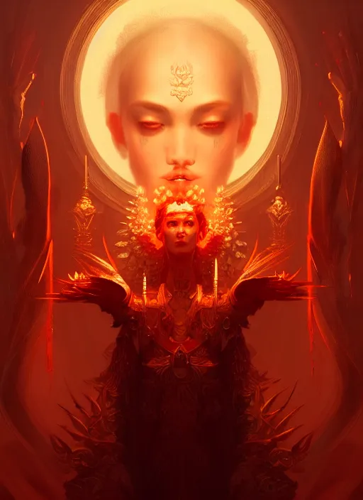 Image similar to portrait of sek the seven handed god of blood and death, intricate, elegant, glowing lights, highly detailed, digital painting, artstation, concept art, smooth, sharp focus, illustration, art by wlop, mars ravelo and greg rutkowski