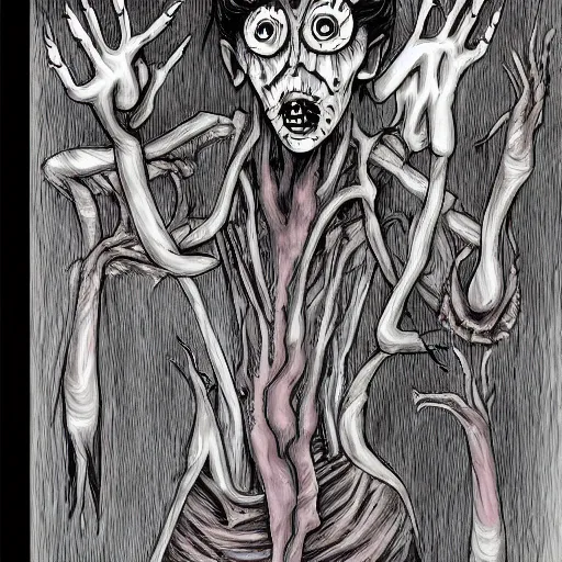 Prompt: Horror creature concept art in the style of Junji Ito