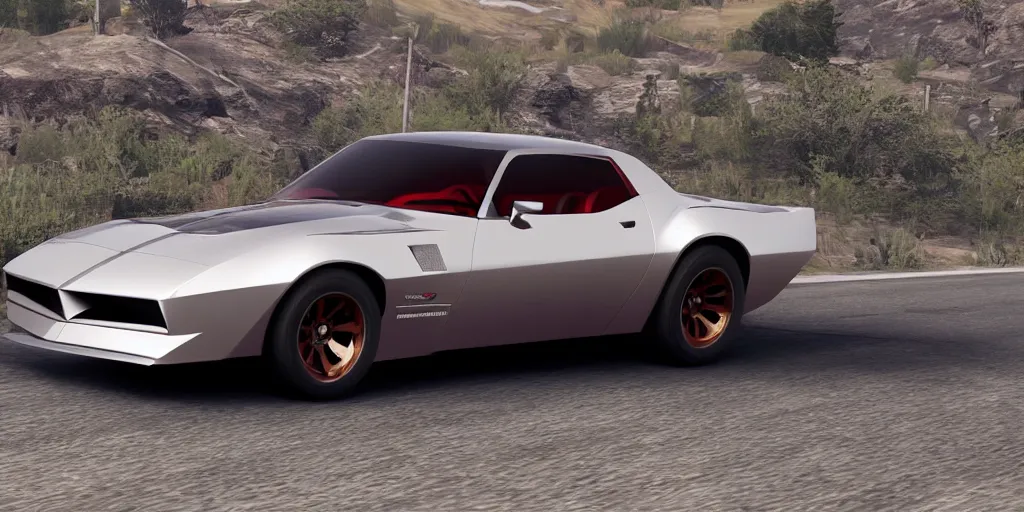Image similar to updated sleek concept for a firebird trans am, cinematic, photoreal, by red dead redemption 2