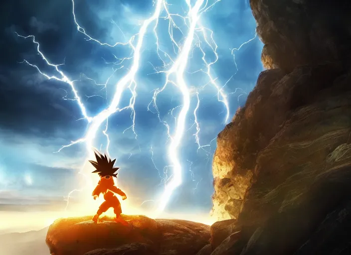 Prompt: real life goku going super saiyan, beautiful landscape, lightning storm, dramatic lightning, cinematic, establishing shot, extremly high detail, photorealistic, cinematic lighting, epic fight scene, post processed, concept art, artstation, matte painting, style by greg rutkowsky