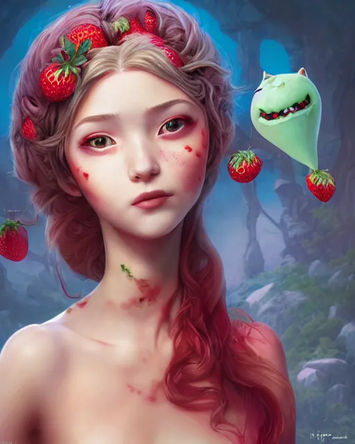 Prompt: An epic fantasy comic book style portrait painting of a very beautiful strawberry girl, character design by Mark Ryden and Pixar and Hayao Miyazaki, unreal 5, DAZ, hyperrealistic, octane render, cosplay, RPG portrait, dynamic lighting, intricate detail, summer vibrancy, cinematic