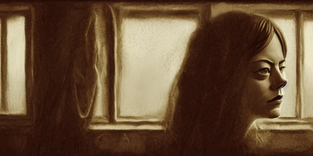 Image similar to portrait bust of emma stone, solemn expression, faded color film, russian cinema, tarkovsky, kodachrome, old cabin, next to window, heavy forest outside, long brown hair, old clothing, heavy fog, hudson river school, 4 k, dramatic lighting, greg rutkowski