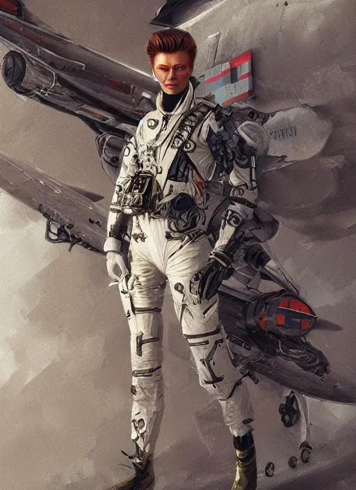 Prompt: detailed full body concept art illustration oil painting of a david bowie pilot in full intricate clothing, ultra detailed, digital art, octane render, 4K, dystopian, micro details