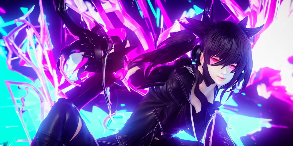 Image similar to KDA Ahri with her eyes closed singing facing the camera centered with headphones on in the style of a code vein character, momo from twice in code vein in the style of WLOP, artgerm, yasutomo oka, rendered in unreal engine and redshift octane , background is surrounded by epic neon glitch effect digital art dynamic dramatic lighting, soft lighting, imagine fx, artstation, cgsociety, by Bandai Namco artist,