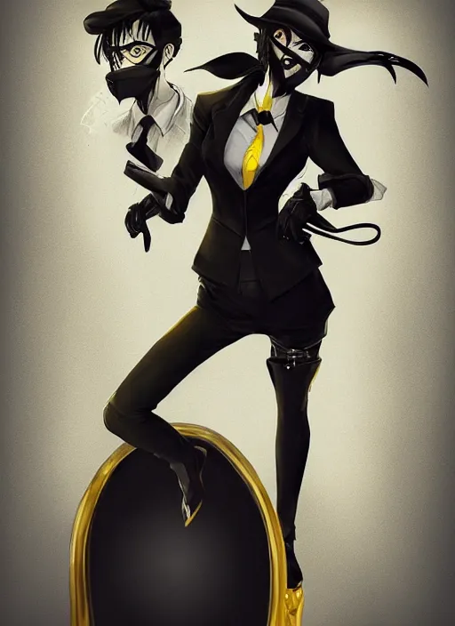 Image similar to a highly detailed illustration of beautiful short black messy haired woman wearing eyepatch and noir style suit and tie, yellow eyes, dramatic smiling pose, intricate, elegant, highly detailed, centered, digital painting, artstation, concept art, smooth, sharp focus, league of legends concept art, WLOP