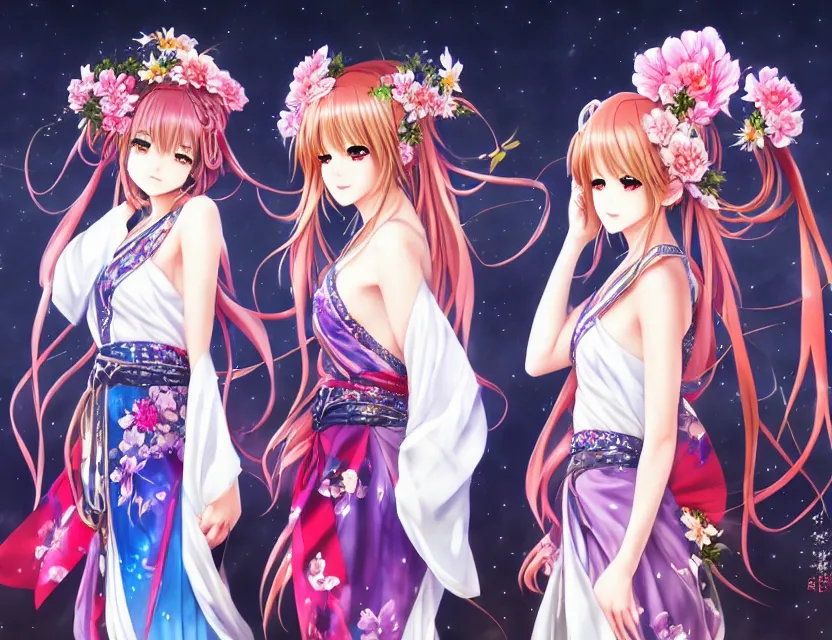 Prompt: two beautiful anime girls wear fantasy kimono in festival | | sunny night, full moon, dreamlike art, realistic shaded, smile, good looking, hyper details, 4 k realistic, cryengine, realistic shaded lighting poster by artgerm, ross tran, fuji choko, 8 k resolution, trending on artstation, luxury