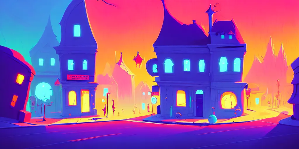 Prompt: curved perspective digital art of a summer small town street from nightmare before christmas by anton fadeev