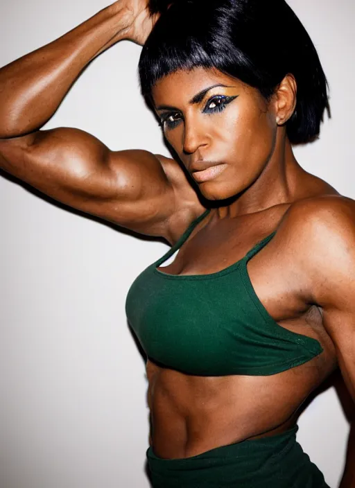 Prompt: a photo portrait of a very muscular woman with dark green hair and dark skin by terry richardson, sharp focus.