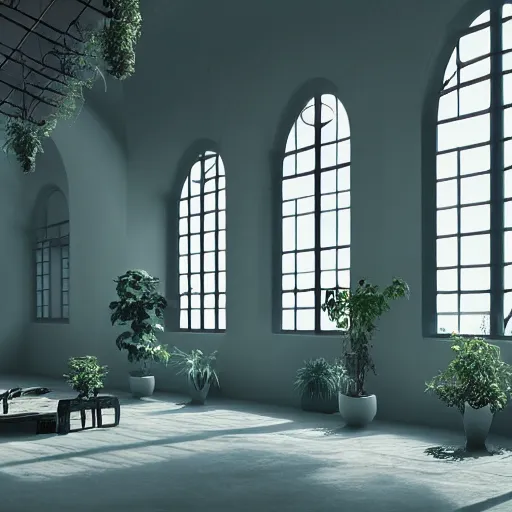 Prompt: modern interior with arched windows, natural sunlight, summer, hanging plants, cinematic, cyberpunk, lofi, calming, dramatic, fantasy, by zdzisław beksiński, Fantasy LUT, high contrast, epic composition, sci-fi, dreamlike, surreal, angelic, cinematic, 8k, unreal engine, hyper realistic, fantasy concept art,