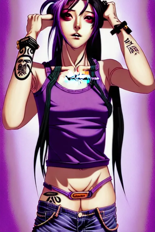 Image similar to a portrait of dilraba dilmurat as revy from black lagoon, smirk, black tank top, jean shorts, brown eyes, purple hair, tribal tattoo slevve right arm, symmetrical eyes, symmetrical face, art by lois van baarle and loish and ross tran and rossdraws and sam yang and samdoesarts and artgerm