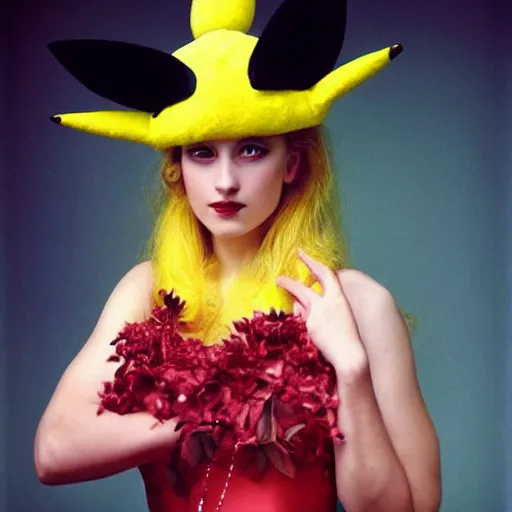 Image similar to elegant woman dressed up as pikachu, symmetry, art photo by Annie Liebovitz and Alphonse Mucha