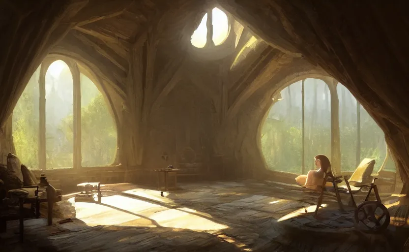 Image similar to painting of an interior of a hidden, cozy ring - shaped living quarters overlooking the great room, well maintained, clean, medieval, fantasy genre, natural light, fantasy, natural light, concept art, by greg rutkowski and craig mullins, cozy atmospheric and cinematic lighting, trending on artstation