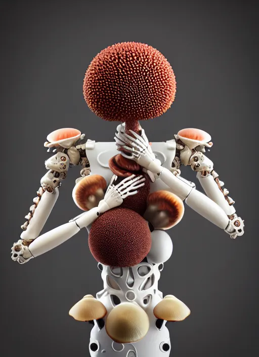 Prompt: biomechanical mannequin carrying perfume bottle, black corals table made of corals, mushrooms, puffballs, rhizomorphs in an ivory room well contoured smooth fair walls, up close shot, sharp focus, global illumination, radiant light, alexandre ferra white mecha, irakli nadar, octane highly render, 4 k, ultra hd,