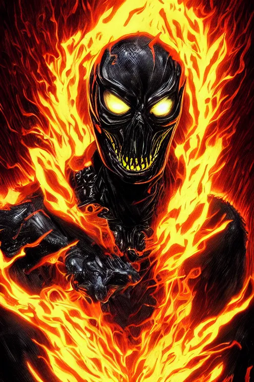 Image similar to ghost rider symbiote, comic strip style, dynamic lighting, fantasy concept art, trending on art station, stunning visuals, creative, cinematic, portrait, ultra detailed