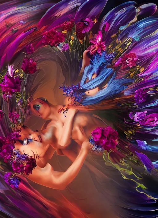 Image similar to An epic fantastic realism comic book style painting of the most beautiful entwined flowers launched gracefully across the dark spinning universe, tornado of bouquets, fisheye, unreal 5, DAZ, hyperrealistic, octane render, dynamic lighting