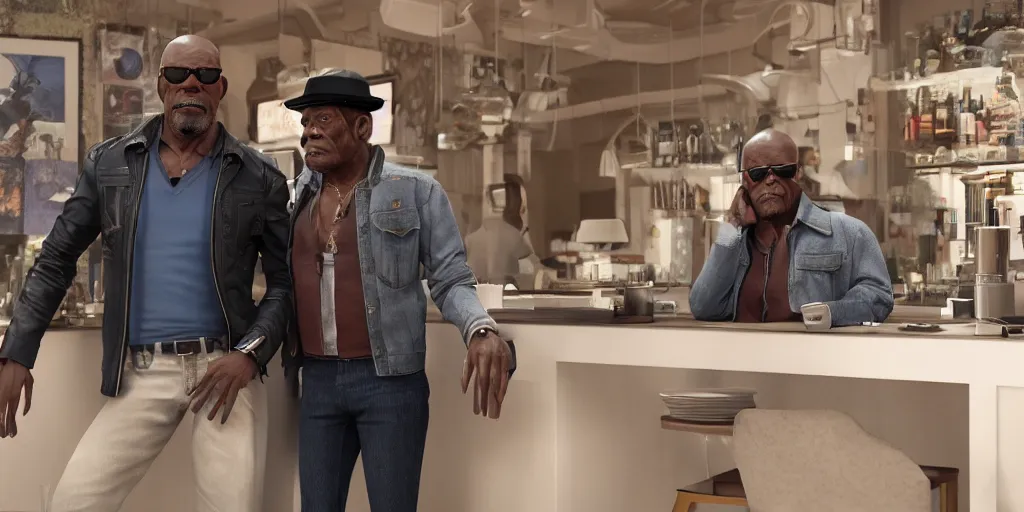 Prompt: highly detailed full - body samuel l jackson and john travolta posing in cafe, perfect symmetrical eyes, by eddie mendoza and tyler edlin, 8 k resolution