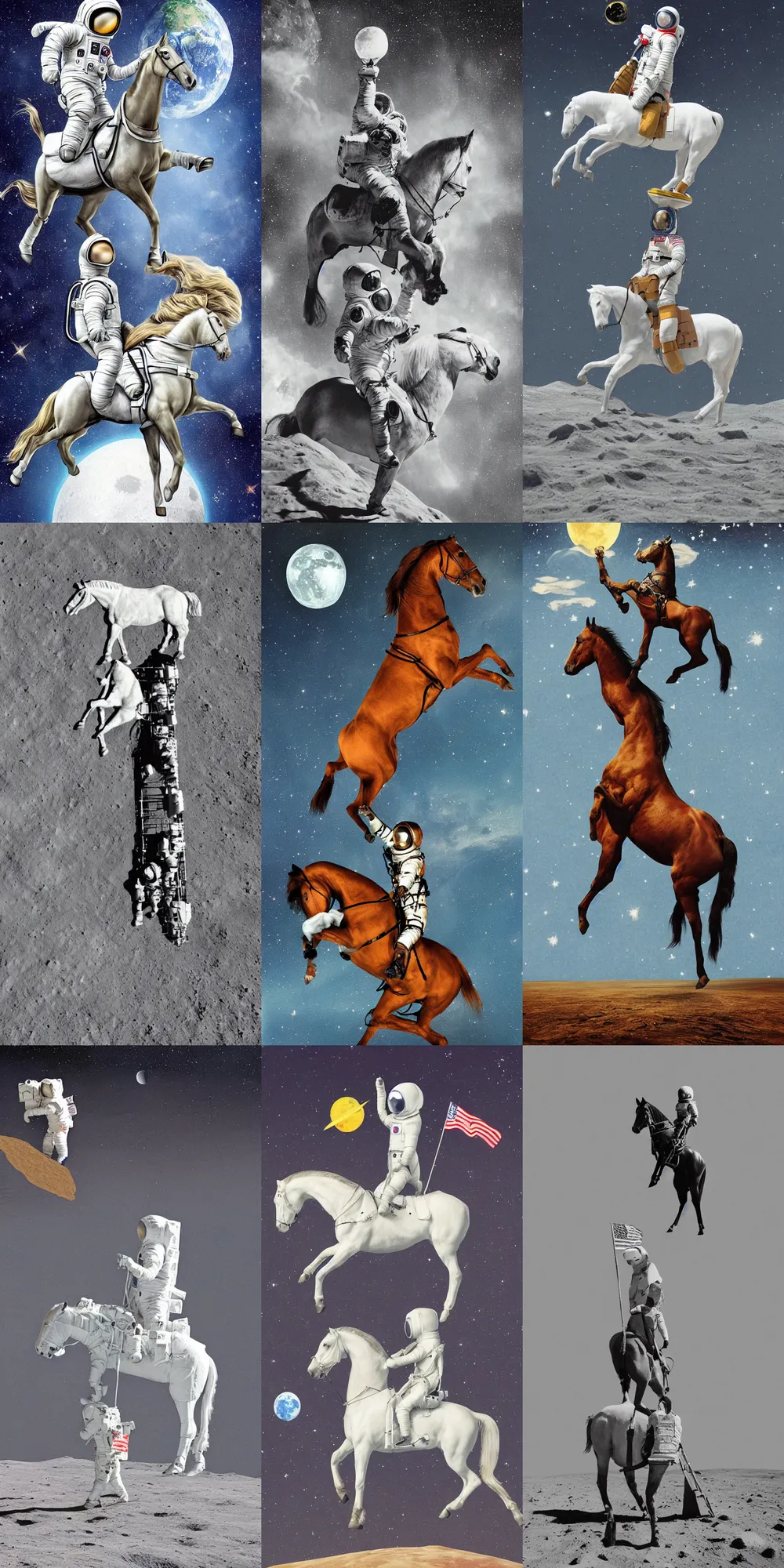 Image similar to horse standing on the head of the astronaut on the moon,