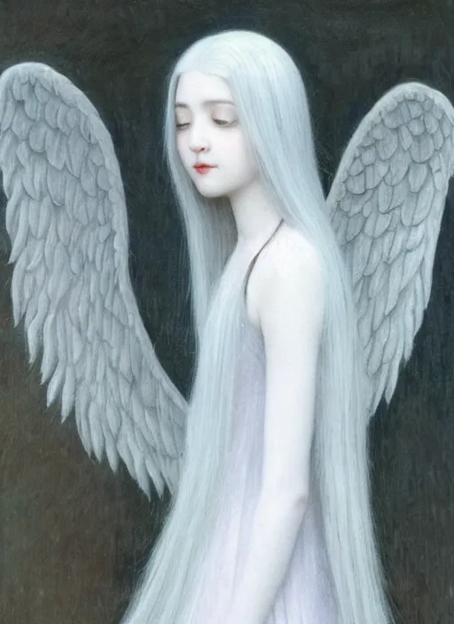 Image similar to tall thin young wan beautiful angel, silver hair so long, pale!, long silver hair, silver angel wings, wan adorable korean face, silver hair!!, style of fernand khnopff and lucien levy - dhurmer, oil on canvas, 1 8 6 2, 4 k resolution, aesthetic!,