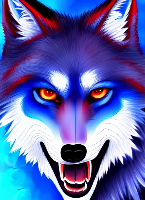 Prompt: blue wolf, red eyes highly detailed, deep focus, digital painting, smooth, sharp focus, anime art style, trending on artstation, 4 k