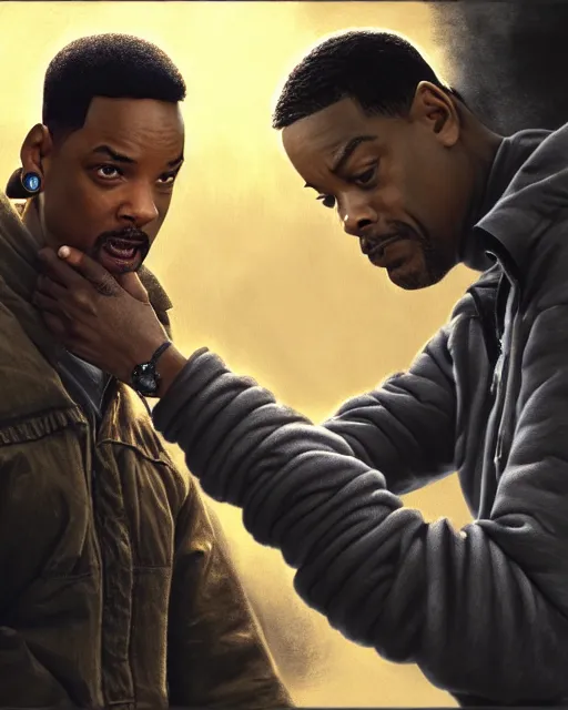 Image similar to will smith slapping chris rock, accurate details, detailed face, dramatic, intricate, elegant, highly detailed, digital painting, artstation, concept art, smooth, sharp focus, illustration, art by Gustave Dore, octane render