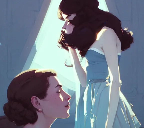 Image similar to portrait of elizabeth kissing darcy by atey ghailan, by greg rutkowski, by greg tocchini, by james gilleard, by joe fenton, by kaethe butcher, dynamic lighting, gradient light blue, brown, blonde cream and white color scheme, grunge aesthetic