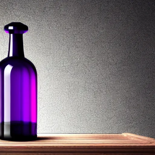 Image similar to hyper realistic deadly poison bottle, purple liquid inside on a wood table. the bottle is design like a trendy perfume bottle. background is a dark ancient laboratory complex architecture mossy stone pilars. professional digital art, dnd style, ultra detailed, trending on artstation, concept art, octane render, unreal engine 5, 8 k rendering.