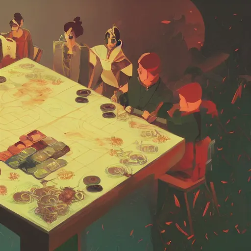 Image similar to cards on the table by victo ngai and greg rutkowski, trending on artstation, unreal engine, 4 k hd wallpaper