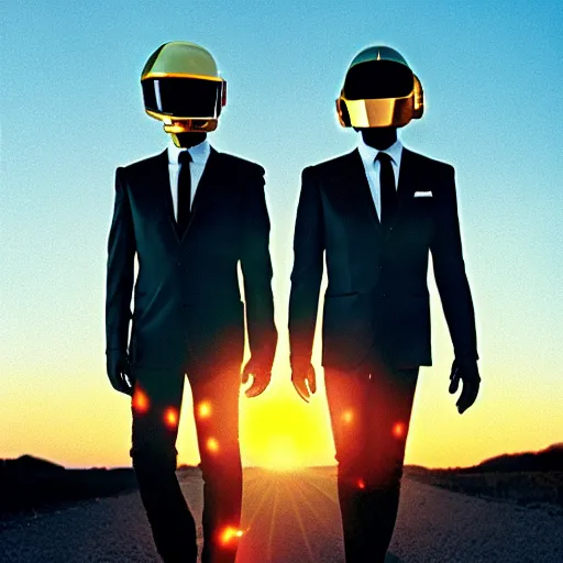 Prompt: daft punk members walking towards to sunrise