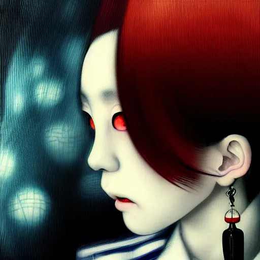 Prompt: yoshitaka amano blurred and dreamy realistic three quarter angle horror portrait of a sinister young woman with short hair, big earrings and white eyes wearing office suit with tie, perfect blue color palette, black and white abstract patterns in the background, satoshi kon anime, noisy film grain effect, highly detailed, renaissance oil painting, weird portrait angle, blurred lost edges