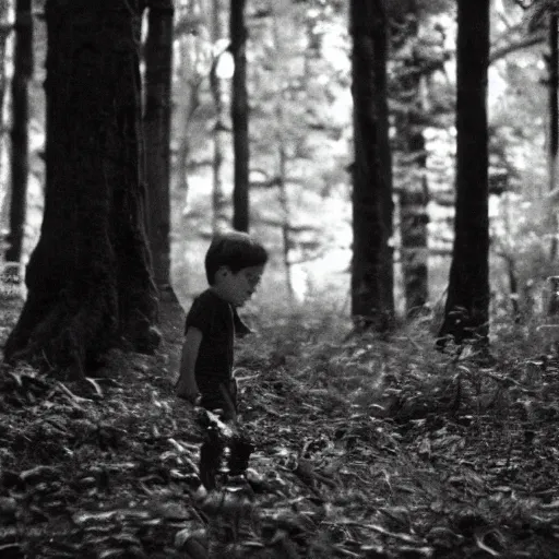 Image similar to kid looking at camera in forest at night, far away from camera, 70s photo, out of focus, motion blur, cctv footage, horror movie, horror lighting, blair witch project, old photo