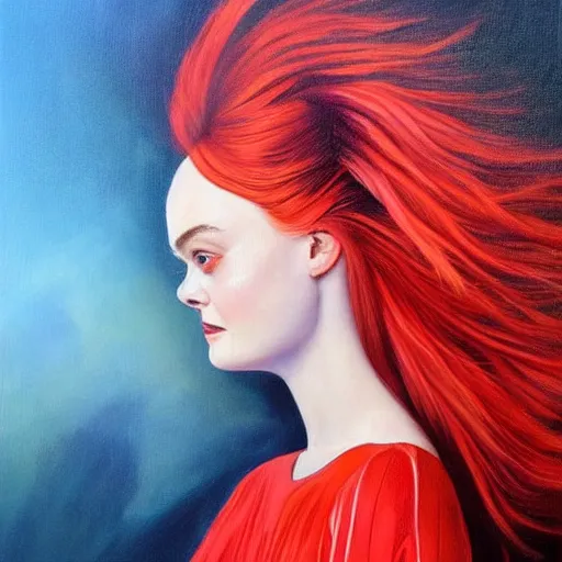 Prompt: a striking hyper real oil painting of Elle Fanning in a red dress with flaming hair, dark starlit background,