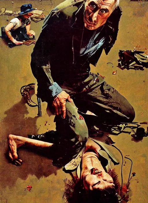 Prompt: dennis hopper crawling around on the floor, painted by norman rockwell and phil hale and rick berry and tom lovell and frank schoonover, green, dystopian