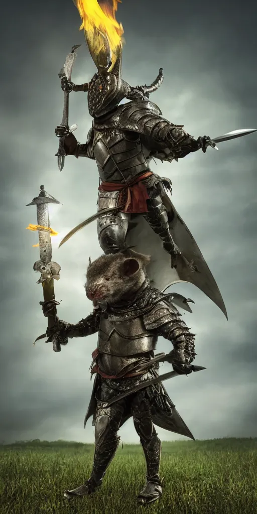 Image similar to full body portrait of half rat knight holding a great sword made of fire, anthropomorphic, prompt:hyper realistic, high detail, photo realistic, cinematic lighting, rendering by octane, spot lighting, in a open field, high quality, coherent. green hue armor